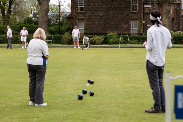 Francis Drake Bowls Club, Hilly Fields, Brockley, SE4 1QE. Early stages of the competition