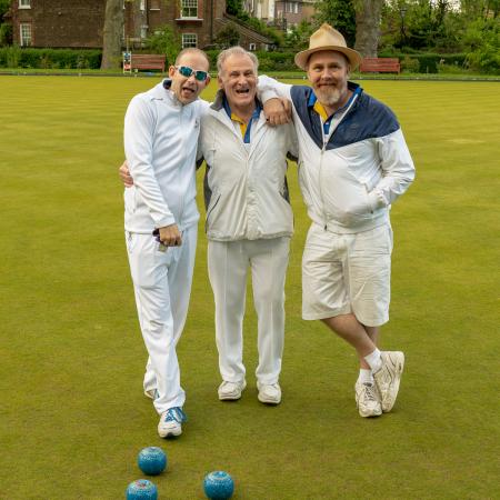Francis Drake Bowls Club, Hilly Fields, Brockley, SE4 1QE. Trophy finalists- david Singer and Tim Deacon with their marker ken Shooter (centre)